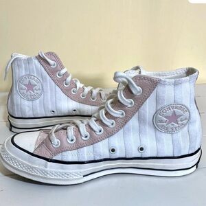 Converse Striped High-Tops in White and Light Pink